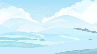 Karlı tepeleri, bulutlu gökyüzü ve kar taneleri olan soyut kış manzarası - vektör illüstrasyonu