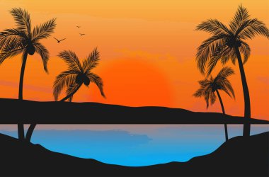 Denizli tropik gün batımı, manzara silueti, palmiye ağaçları ve uçan kuşlarla muhteşem akşam gökyüzü - vektör illüstrasyon