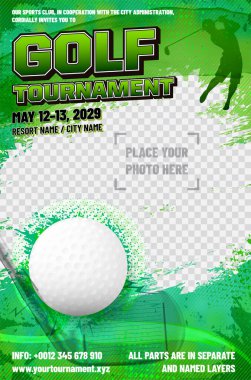 Dinamik Golf Turnuvası Duyuru Poster Tasarımı grungy Scrunchy unsurları, örnek metin, top ve fotoğraf için yer. Vektör illüstrasyonu.