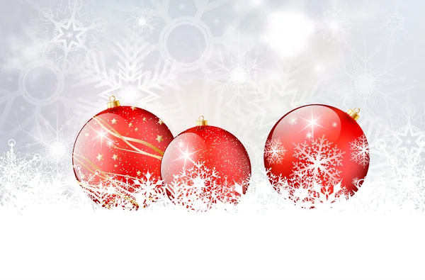 Shiny red christmas balls on snowflakes background — Stock Vector