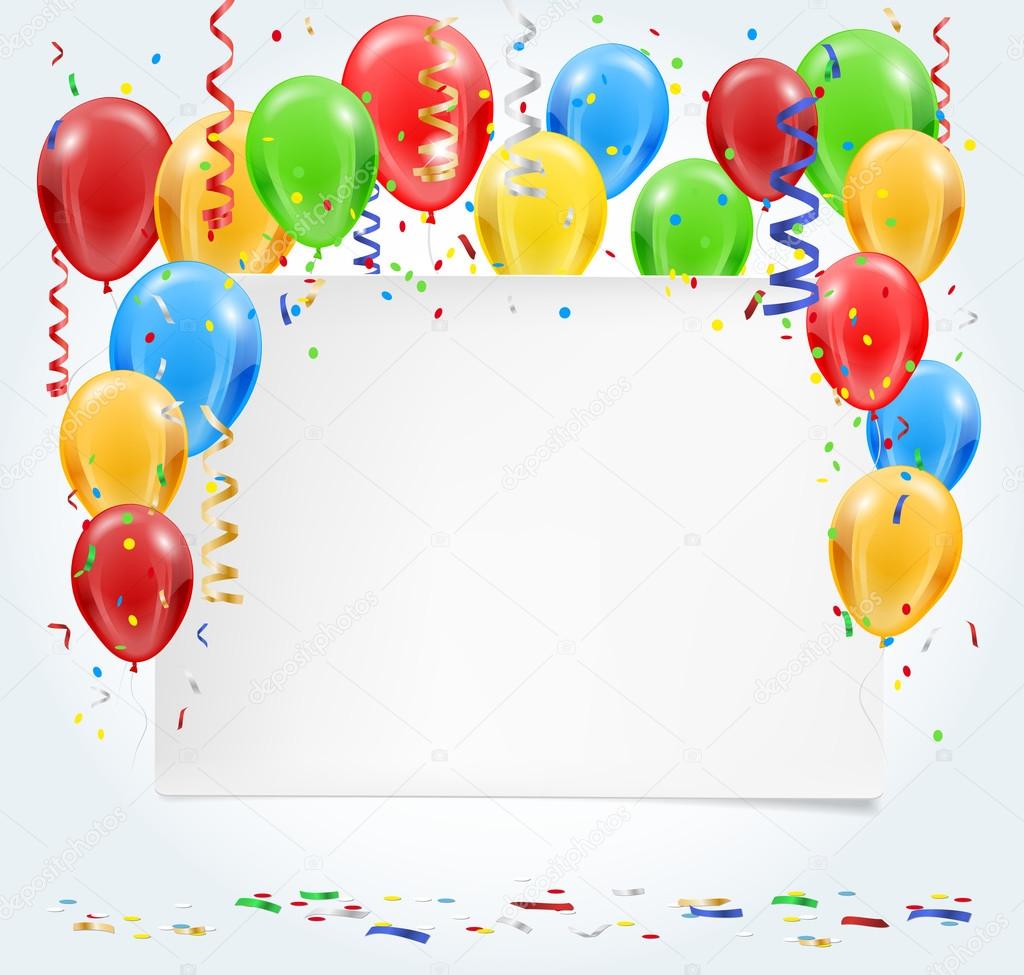 Empty party invitation with balloons and confetti flying