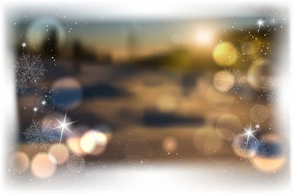 Inverno desfocado fundo com bokeh, brilha e flocos de neve — Vetor de Stock