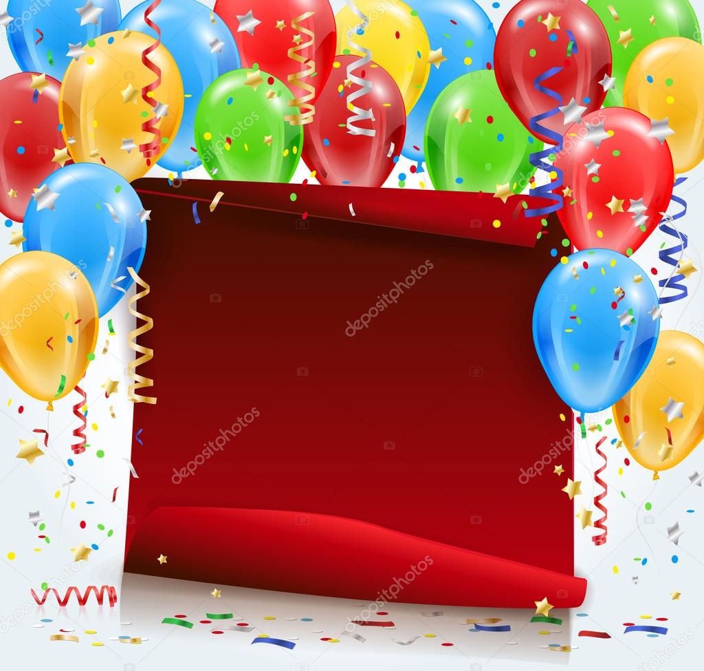 Party background with red paper, confetti and balloons