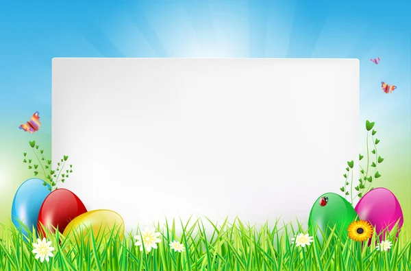 Bonne carte de Pâques avec espace de copie et oeufs dans l'herbe — Image vectorielle