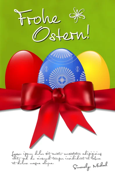 Cartão de Páscoa feliz com ovos de Páscoa, arco e copyspace — Vetor de Stock
