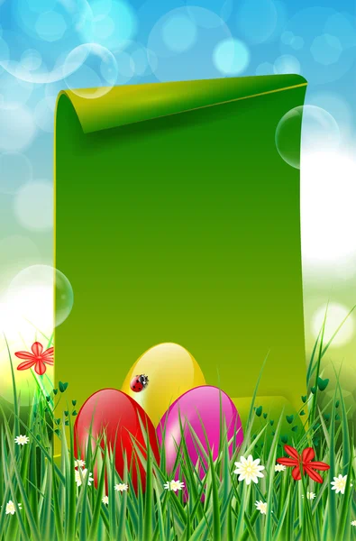 Easter background with easter eggs in grass and paper copyspace — Stock Vector