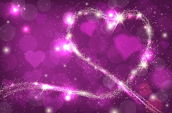 Borrosa bokeh fondo púrpura con corazón brillante — Vector de stock