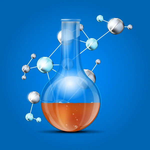 Science background with abstract molecules and chemical flask — Stock Vector