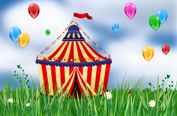 Tente de cirque sur prairie et ballons volants — Image vectorielle