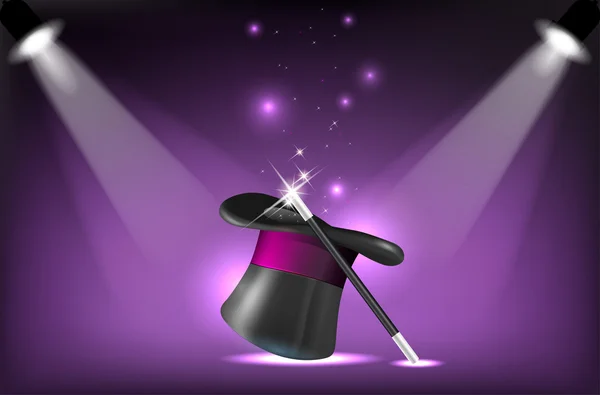 Magicians hat and wand on stage lighting reflectors — Stock Vector