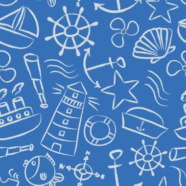 Deniz kroki doodle vektör simgeler Dikişsiz ışık mavi desen eps10