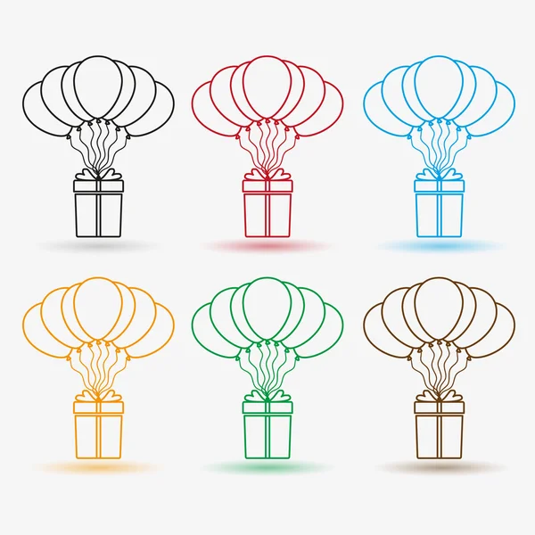 Paquete de regalo se eleva con globos de helio contorno iconos conjunto eps10 — Vector de stock