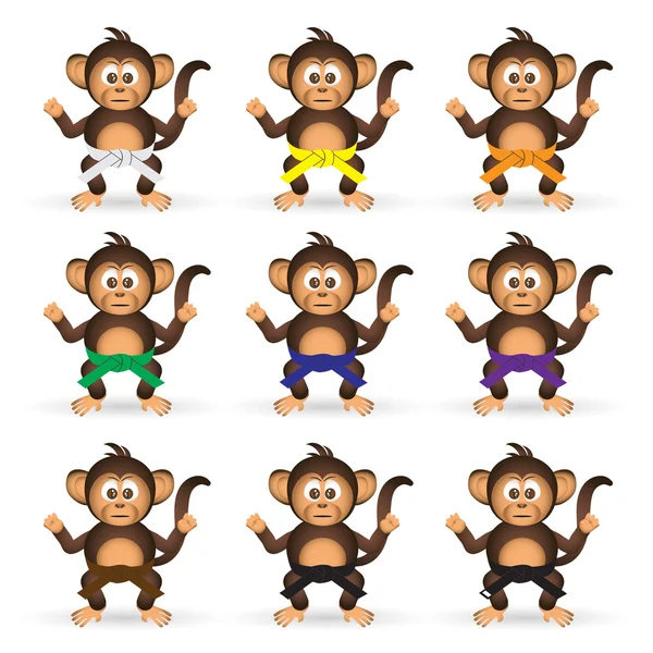Lindo conjunto de chimpancé con cinturones de color de entrenamiento de karate pequeño mono eps10 — Archivo Imágenes Vectoriales