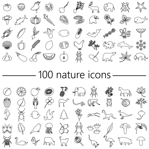 One hundred nature theme outline icons big set eps10 — Stock Vector