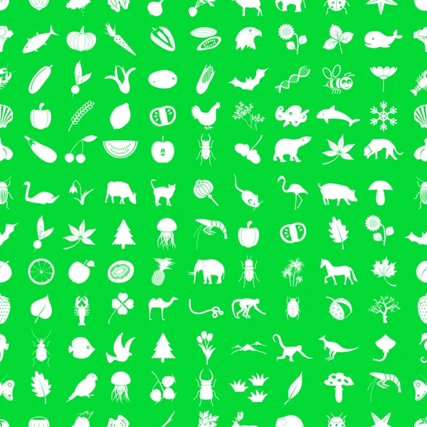 Cien diferentes iconos de la naturaleza tema conjunto verde y blanco patrón sin costura eps10 — Archivo Imágenes Vectoriales