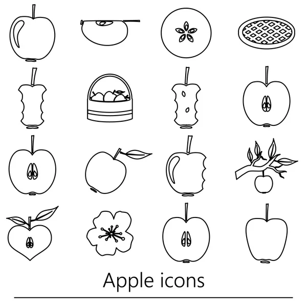 Apfelthema schwarz einfache Umrisse Symbole Set eps10 — Stockvektor