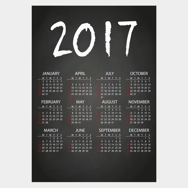 Papan tulis hitam kalender dinding 2017 dengan eps10 teks kapur putih - Stok Vektor