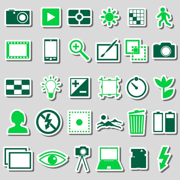 Fotografía y cámara tema color iconos simples pegatinas conjunto eps10 — Vector de stock