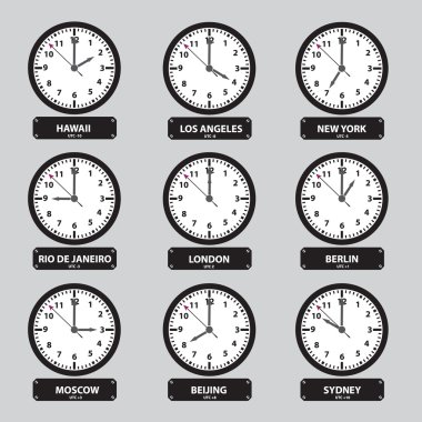 time zones black and white clock set eps10