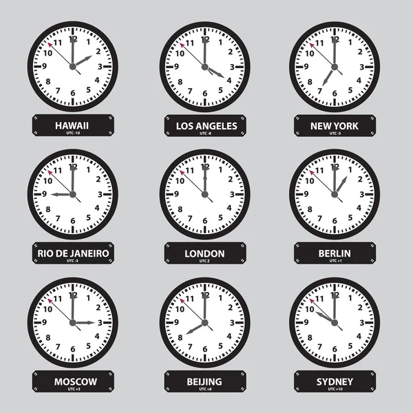 Fuseaux horaires horloge noir et blanc ensemble eps10 — Image vectorielle