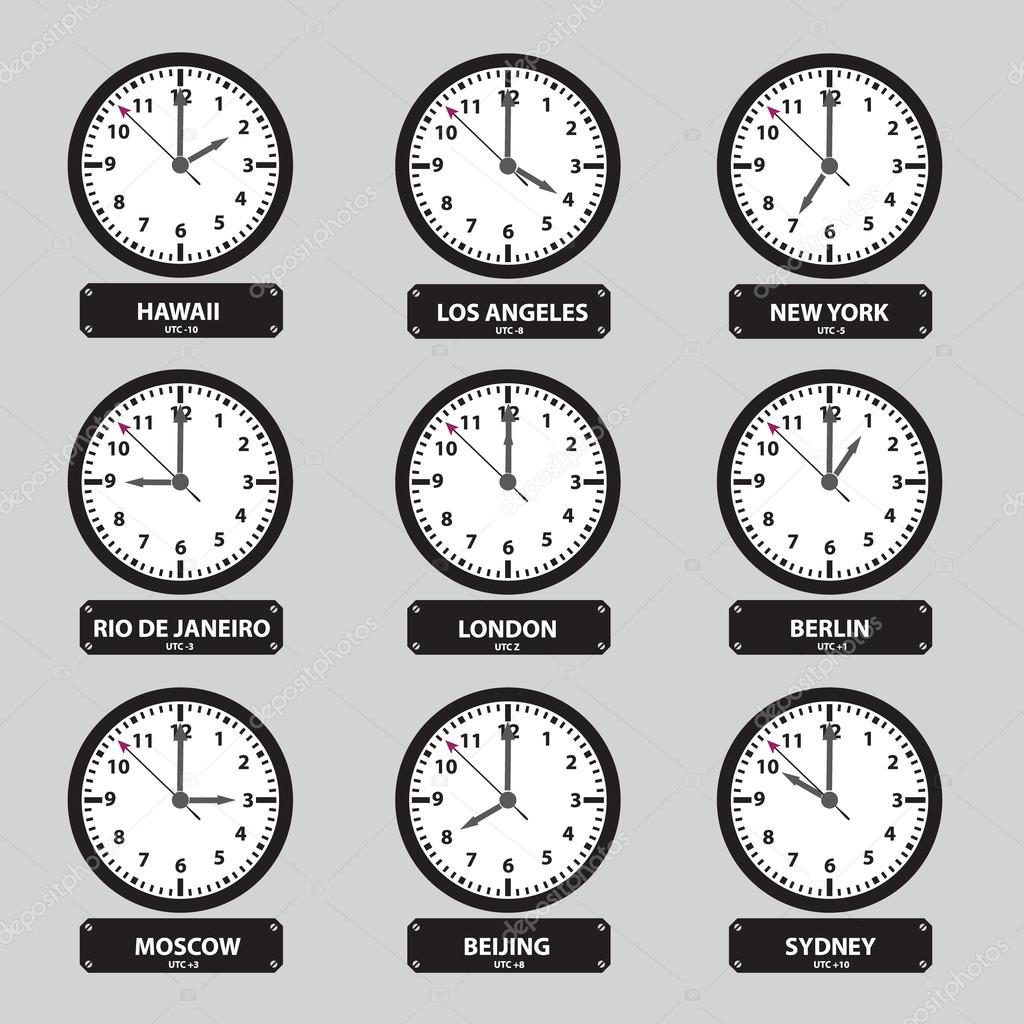 time zones black and white clock set eps10