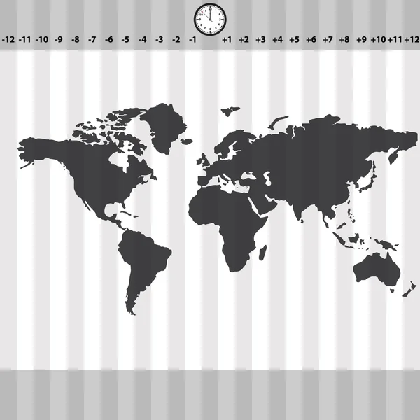 Fuseaux horaires carte du monde avec horloge et rayures eps10 — Image vectorielle