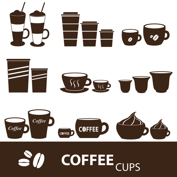 Coffee cups and mugs sizes variations icons set eps10 — Stock Vector