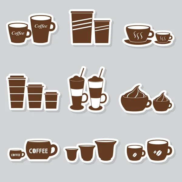 Tazas de café y tazas tamaños variaciones pegatinas set eps10 — Archivo Imágenes Vectoriales