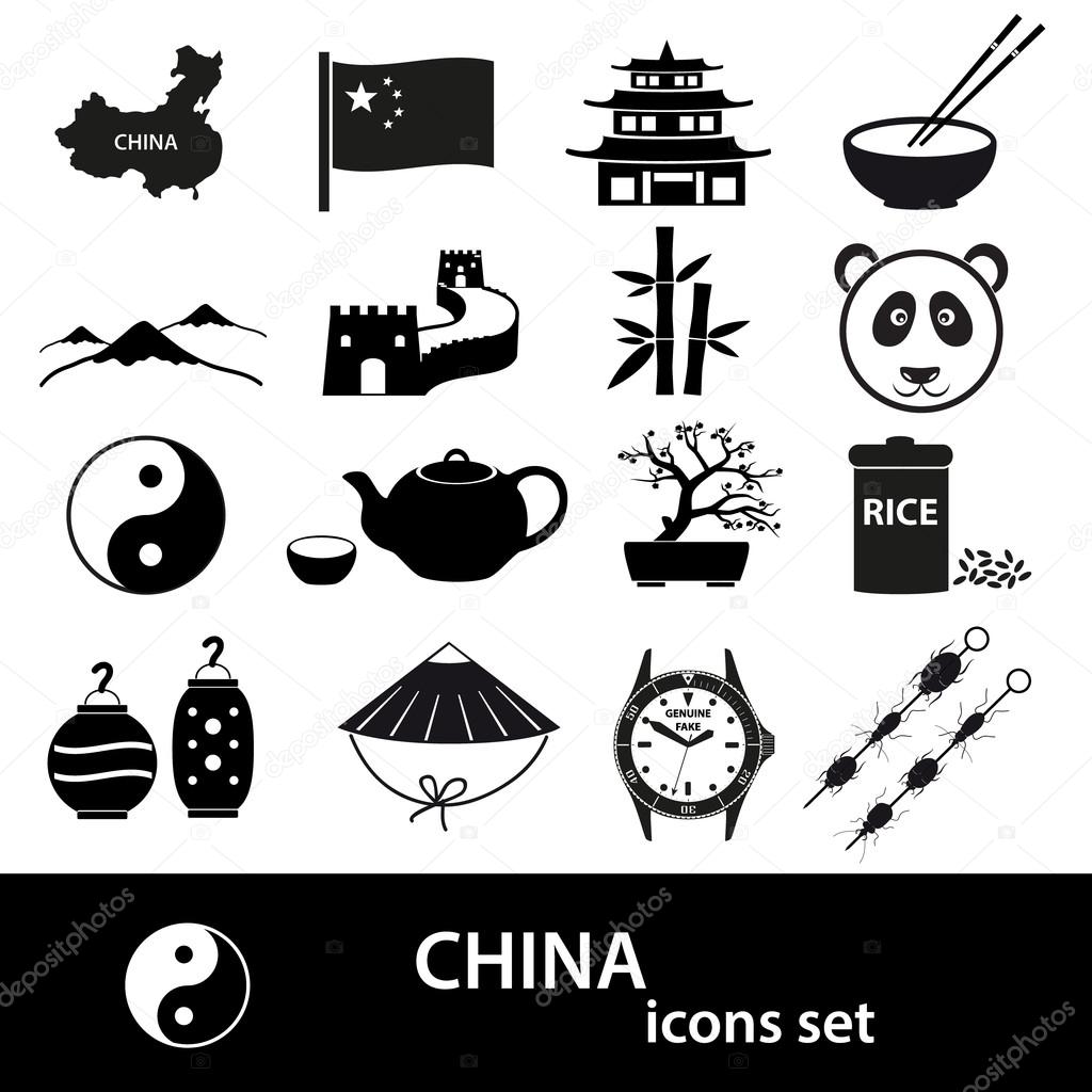 China theme black icons vector set eps10