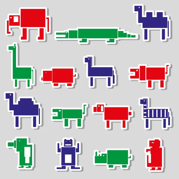 Color square digital simple retro animals stickers eps10 — Stock Vector