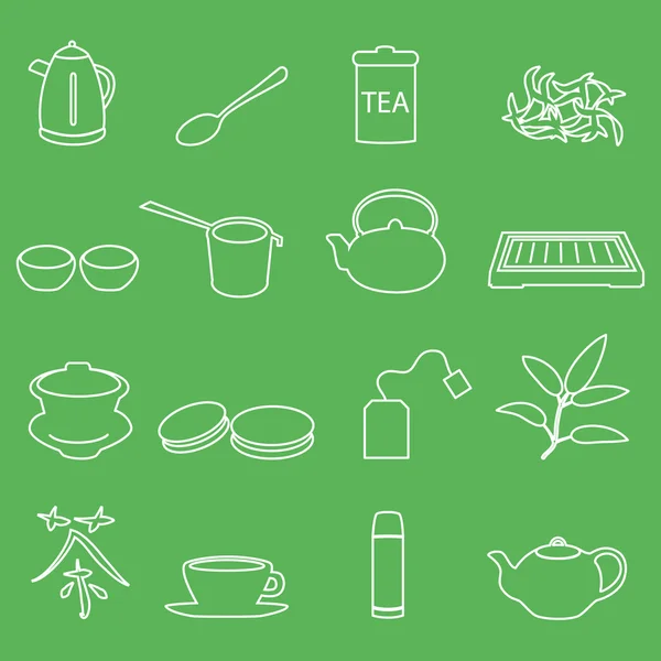 Iconos de contorno de té blanco sobre fondo verde eps10 — Vector de stock