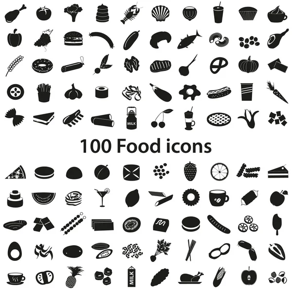 100 divers aliments et boissons icônes noires ensemble eps10 — Image vectorielle