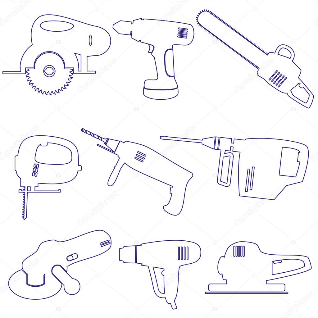 various power tools outline icons set eps10