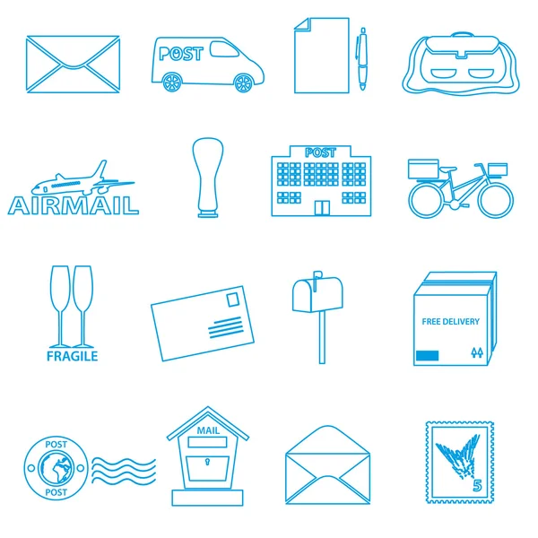 Post and mail blue outline icons set eps10 — Stock Vector