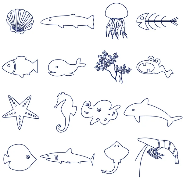 Fish and sea life outline icons set eps10 — Stock Vector