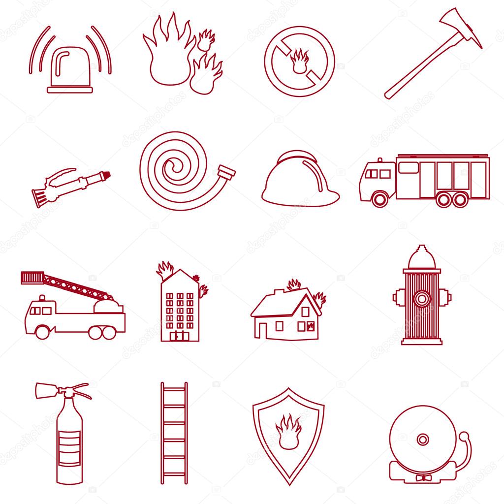fire brigade outline red icons set eps10