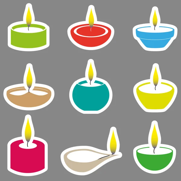 Bougies diwali couleur avec autocollants flamme ensemble eps10 — Image vectorielle