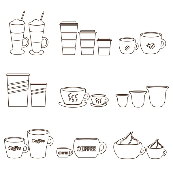 Tasses à café et tasses tailles variations contour icônes ensemble eps10 — Image vectorielle