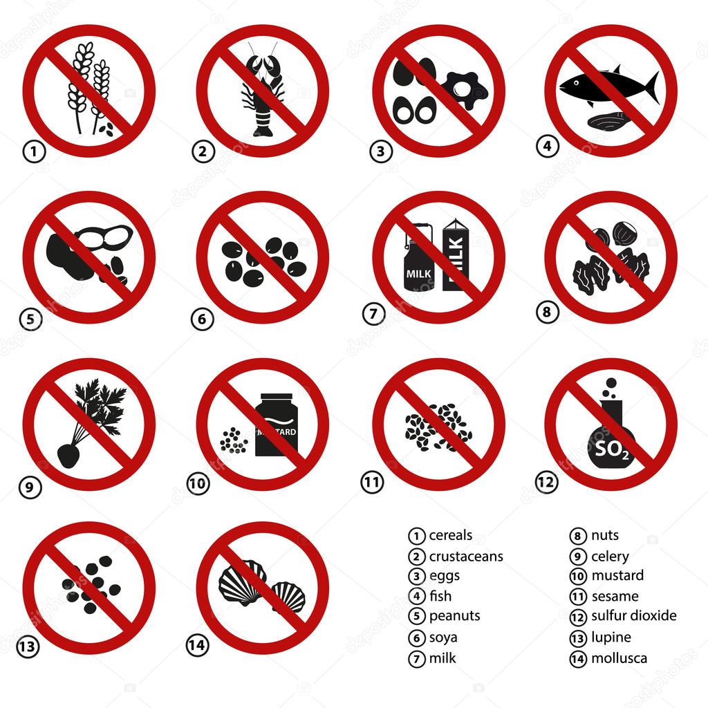 set of typical food alergens prohibitions for restaurants and meal eps10