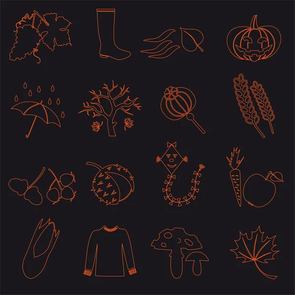 Herbst Umriss Symbole auf schwarzem Hintergrund set eps10 — Stockvektor