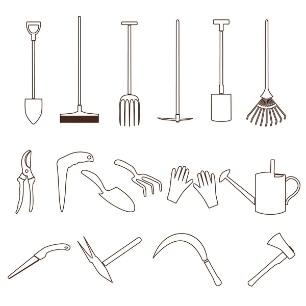 Contorno negro simple herramientas de jardinería iconos eps10 — Archivo Imágenes Vectoriales