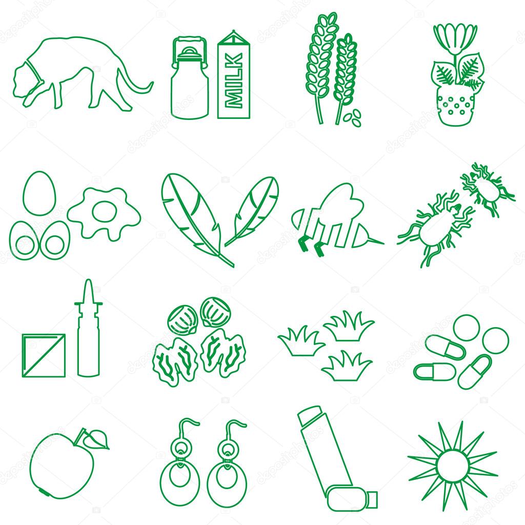 allergy and allergens green outline icons set eps10