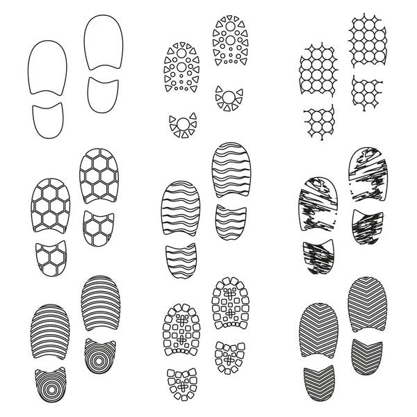 Black human shoes footprint various sole outline icons eps10 — Stock Vector