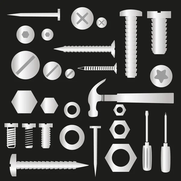 Silberne Schrauben und Nägel mit Werkzeugsymbolen Eps10 — Stockvektor