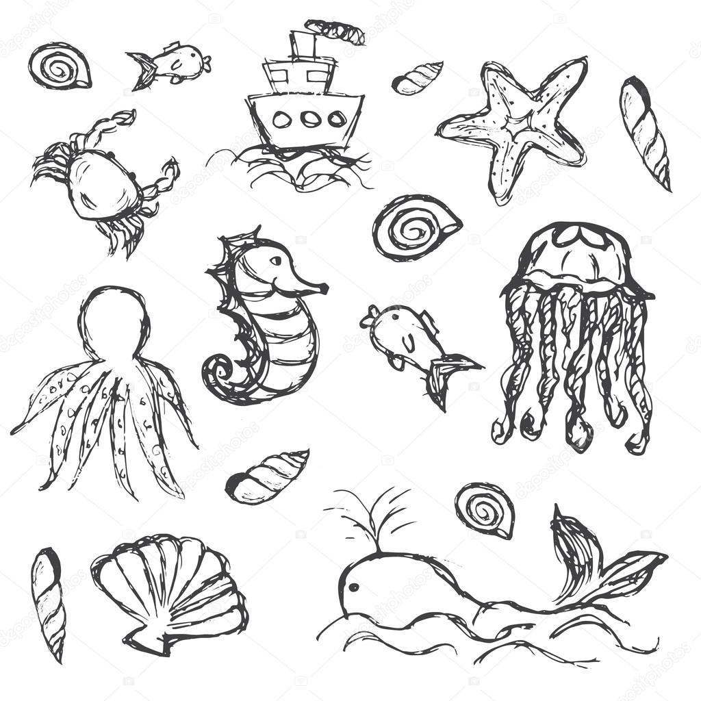 fish and sea life hand drawn doodle icons set eps10