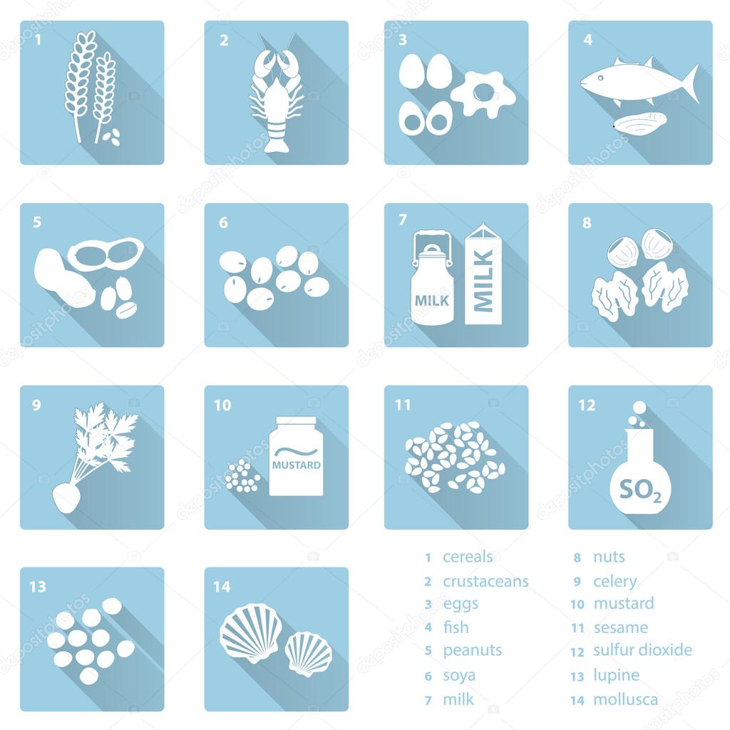 set of typical food alergens for restaurants and meal flat blue icons eps10