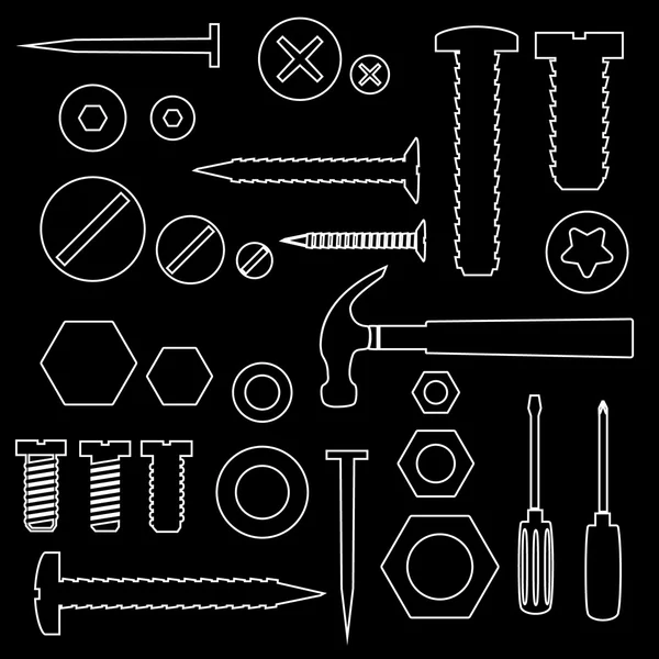 Tornillos y clavos de hardware con símbolos de contorno de herramientas eps10 — Archivo Imágenes Vectoriales