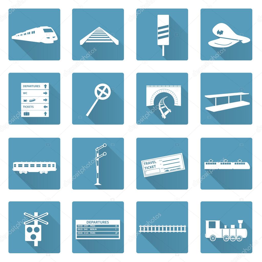 train and railway flat white icons set eps10