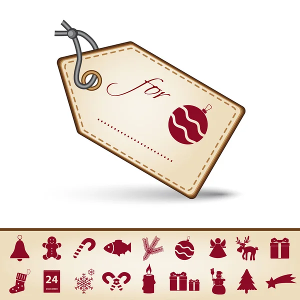 Red and brown paper christmas gift tag label and icons eps10 — Stock Vector