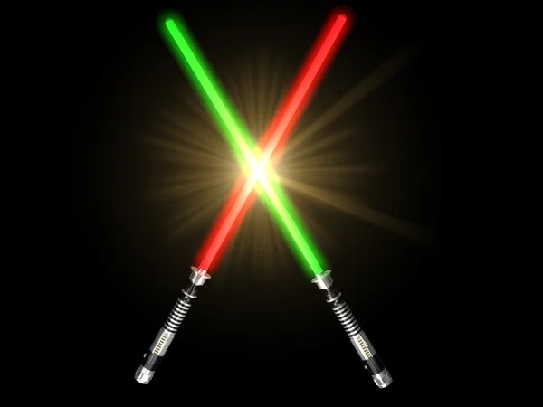 Two red and green 3d light future swords fight and big glow — Stock Photo, Image